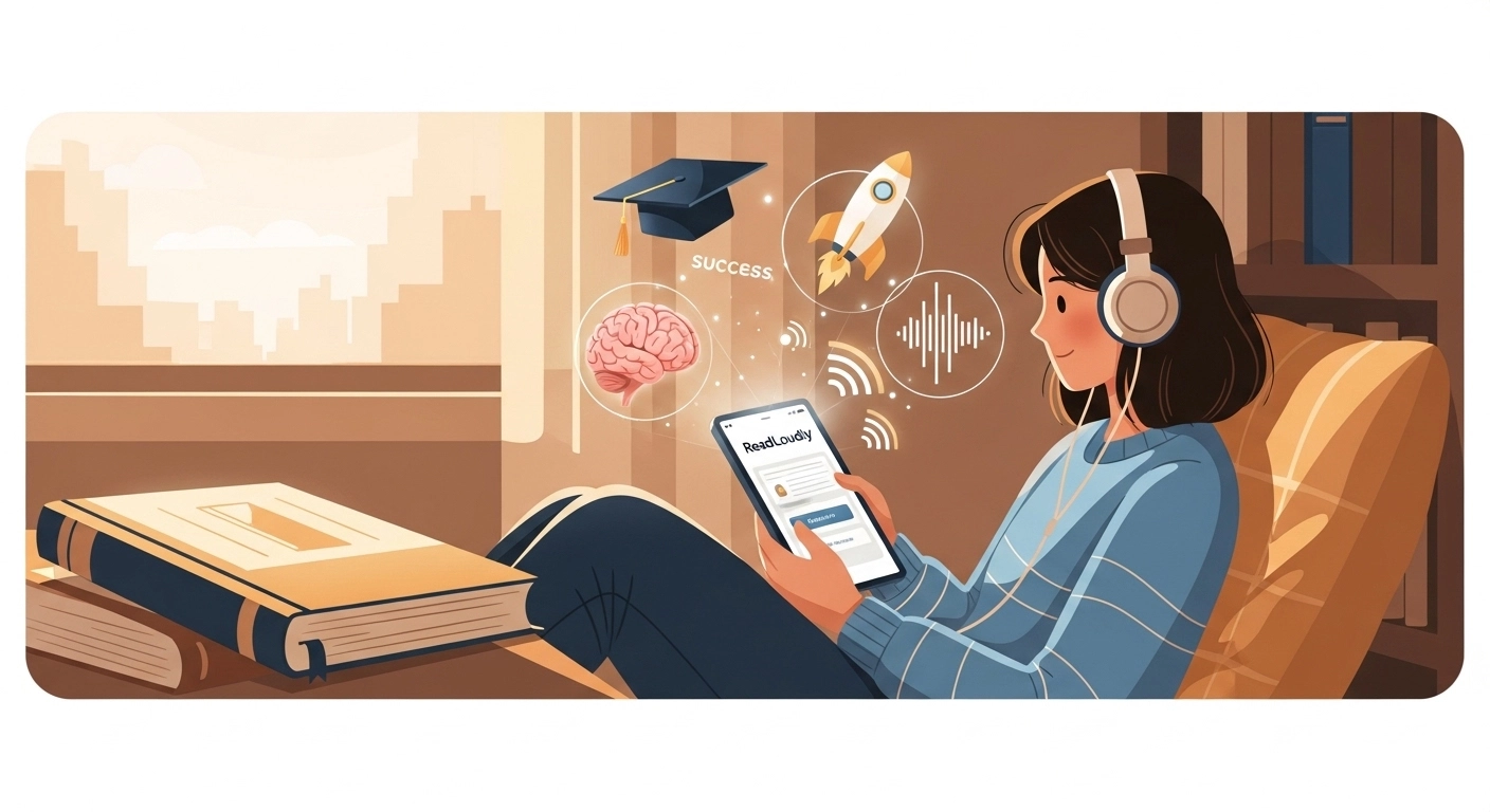 Student succeeding with textbook audio reader — empowered, focused, and learning anywhere with ReadLoudly