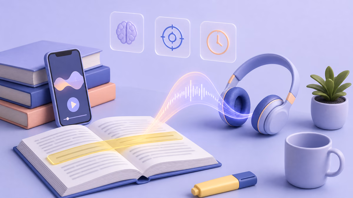 An open textbook with a yellow reading strip over one line, a ribbon of sound waves rising from the page into headphones, and a phone showing an audio player, on a calm lavender desk