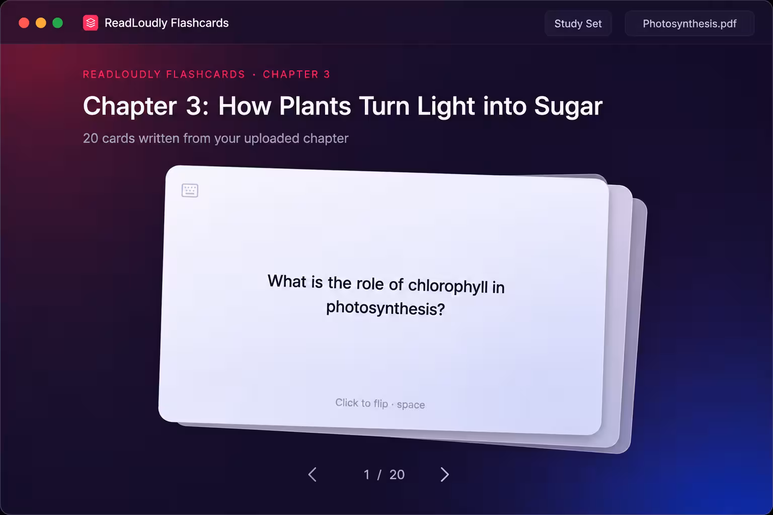 ReadLoudly Flashcards tool showing a deck of 20 AI-generated cards from a photosynthesis chapter