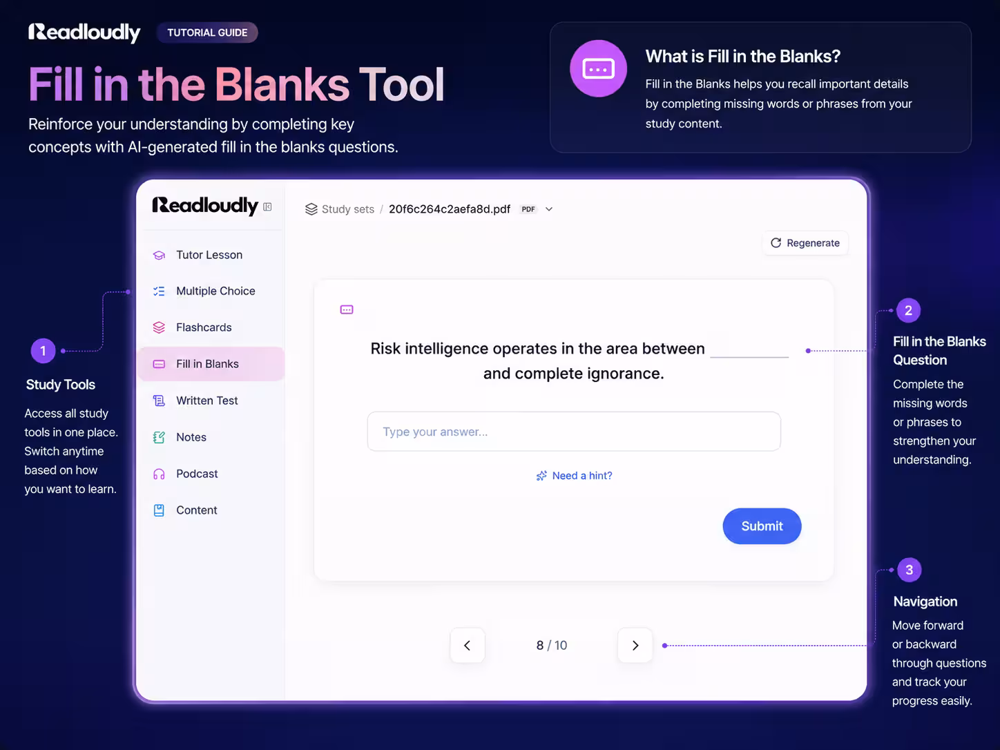 ReadLoudly Fill in the Blanks tool showing a cloze question with an answer field and hint link