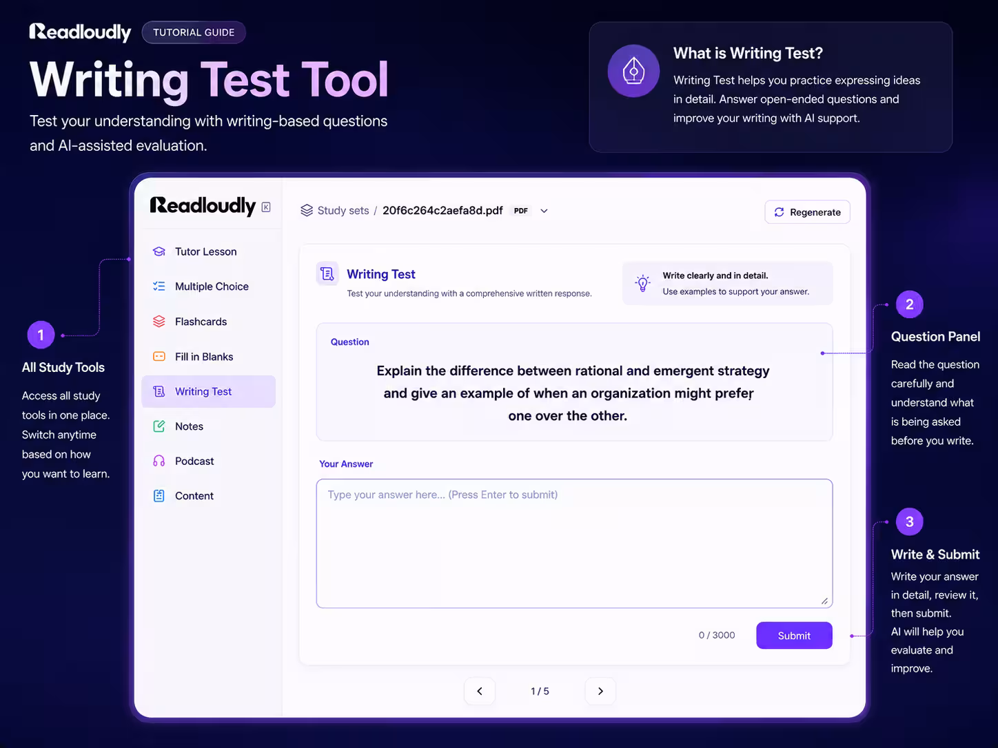 ReadLoudly Written Test tool showing an open-ended exam question and answer editor