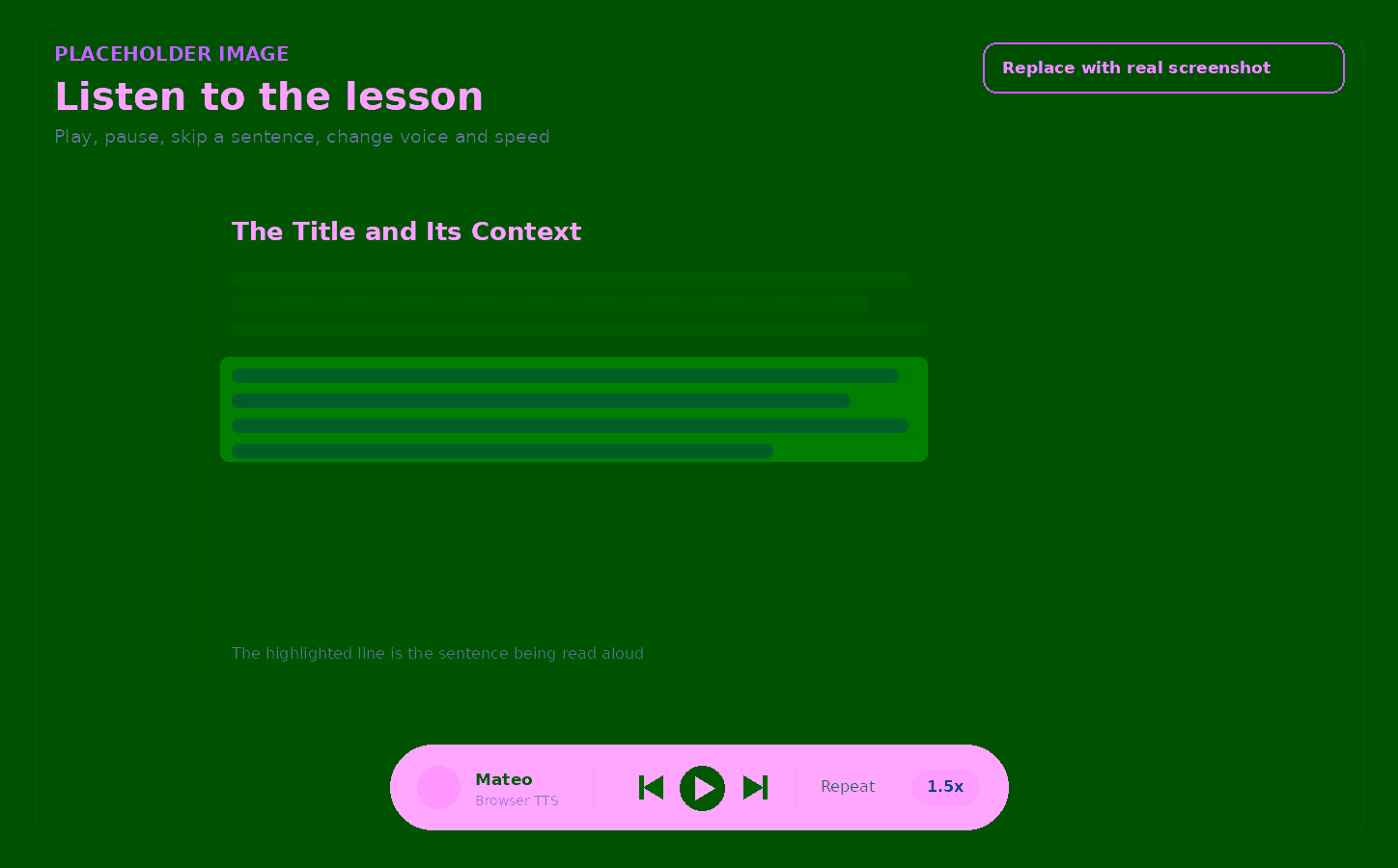 Tutor Lesson audio player with play, sentence skip, repeat, voice and speed controls